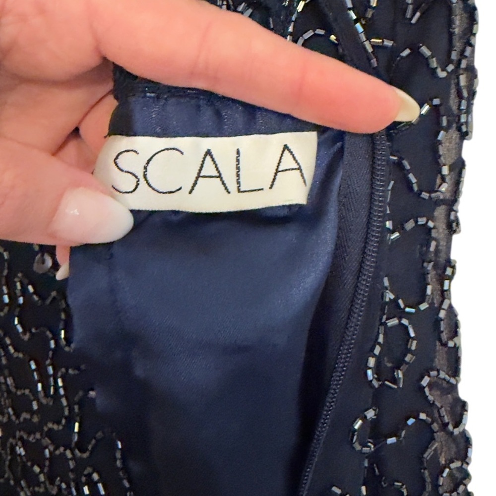 Vintage SCALA Beaded Evening Gown Navy Blue Sequins Formal Art Deco Maxi Size M - Picture 7 of 8